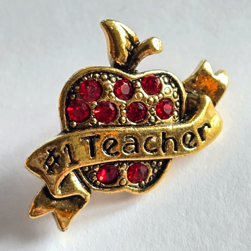 #1 Teacher pin red apple gold tone by Avon teach teaching fruit brooch